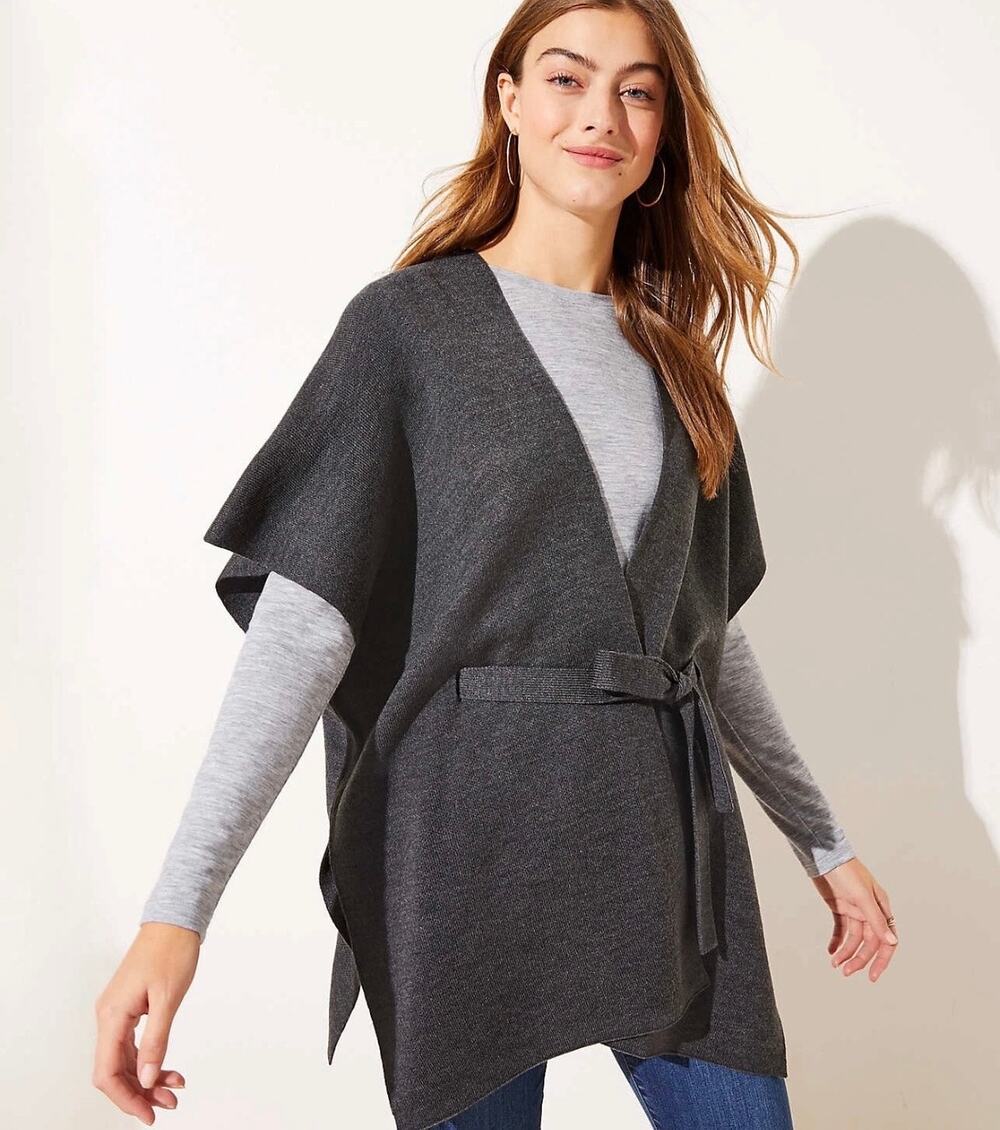 Women's LOFT Charcoal Heather Gray Open Belted Knit Wrap XS/S Coastal Grandma